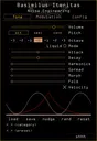 Basimilus Iteritas plugin for VST, AU, and AAX in Orange. On the Tone page are main parameters that set the timbre of the synth. Presets are also controlled here. | Noise Engineering