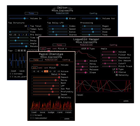 Plugin Bundle 2 for VST, AU, and AAX includes Manis Iteritas, Loquelic Vereor, and Imitor. The Tone page is shown for each plugin. | Noise Engineering